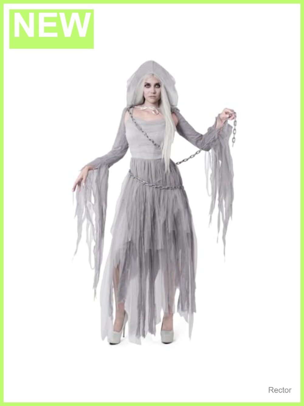 Women's Haunting Beauty Ghost Dress Costume with Hooded Cape & Chain